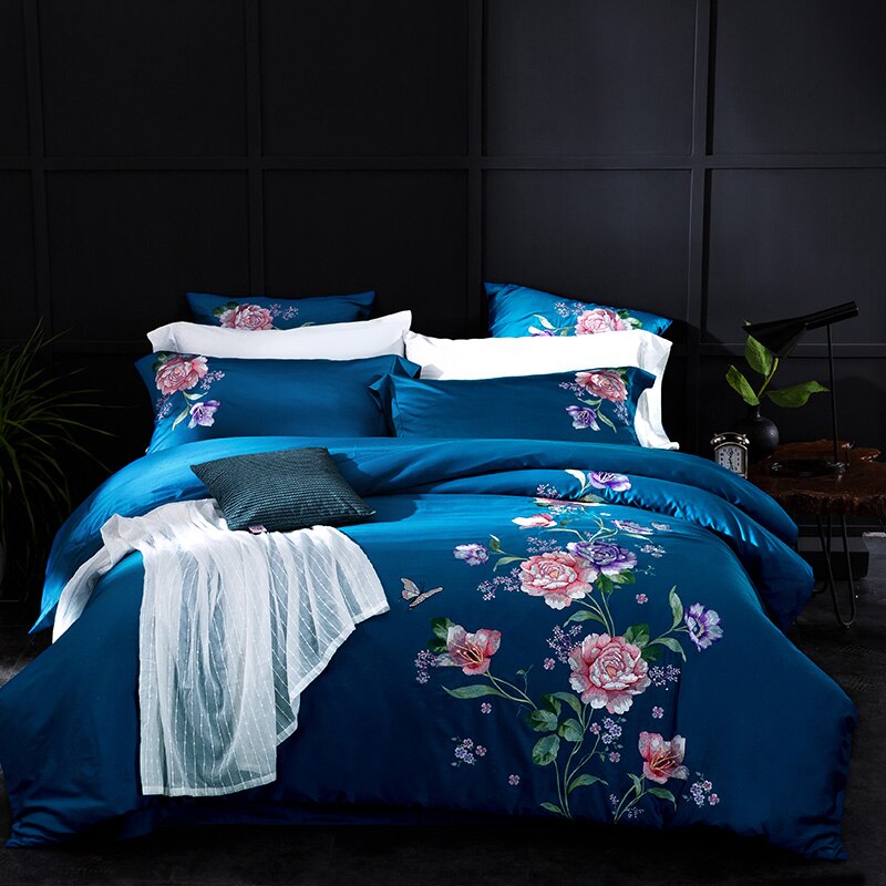    ħ Ʈ  ŷ  ڼ Ʈ ư Bedlinens ̺ Ŀ Bedsheet  ̽/Blue Elegant Floral Bedding Sets Queen King Size Embroidery Egyptian Cotton Bedli